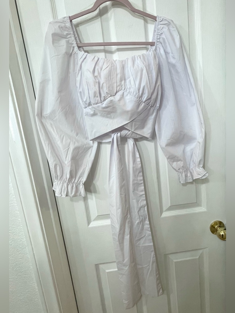White Puff-Sleeve Crop Blouse with Tie Waist